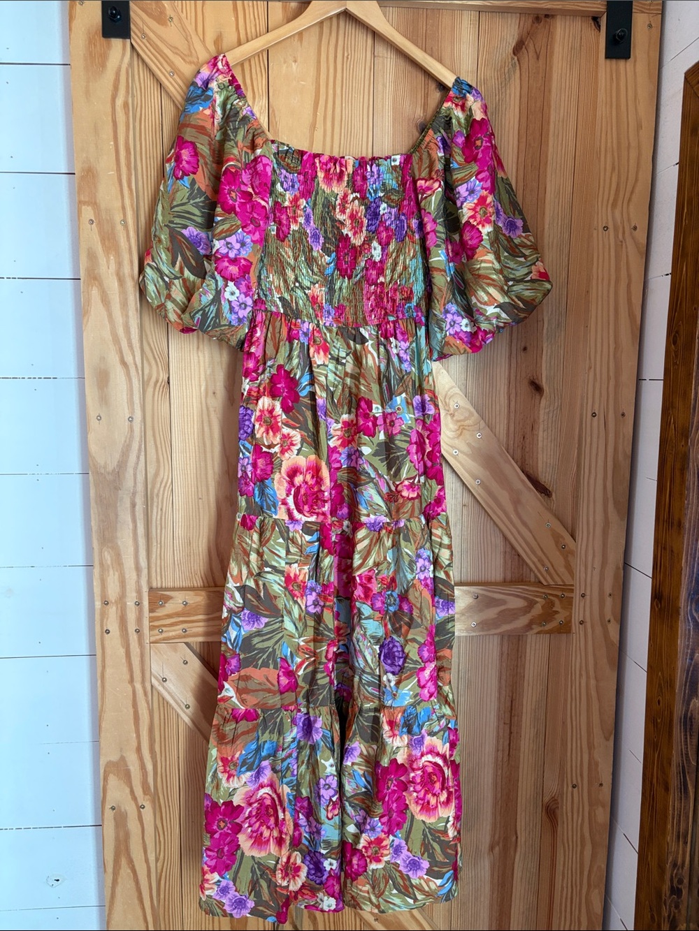 Floral Off-Shoulder Maxi Dress in Pink & Green